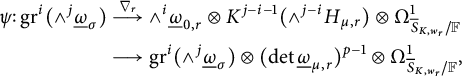 StartLayout 1st Row 1st Column psi colon g r Superscript i Baseline left parenthesis and Superscript j Baseline ModifyingBelow Omega UnderbarSubscript sigma Baseline right parenthesis 2nd Column backslash overset nabla r long right arrow and Superscript i Baseline ModifyingBelow Omega UnderbarSubscript 0 comma r Baseline circled times upper K Superscript j minus i minus 1 Baseline left parenthesis and Superscript j minus i Baseline upper H Subscript mu comma r Baseline right parenthesis circled times upper Omega Subscript ModifyingAbove bar With bar upper S upper K comma w Sub Subscript r Subscript divided by double struck upper F Superscript 1 Baseline 2nd Row 1st Column s p a c e 2nd Column long right arrow g r Superscript i Baseline left parenthesis and Superscript j Baseline ModifyingBelow Omega UnderbarSubscript sigma Baseline right parenthesis circled times left parenthesis backslash det ModifyingBelow Omega UnderbarSubscript mu comma r Baseline right parenthesis Superscript p minus 1 Baseline circled times upper Omega Subscript ModifyingAbove bar With bar upper S upper K comma w Sub Subscript r Subscript divided by double struck upper F Superscript 1 Baseline comma EndLayout