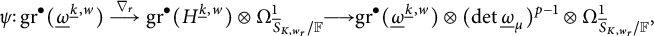 psi colon g r Superscript bullet Baseline left parenthesis ModifyingBelow Omega UnderbarSuperscript ModifyingBelow k Underbarcomma w Baseline right parenthesis backslash overset nabla Subscript r Baseline long right arrow g r Superscript bullet Baseline left parenthesis upper H Superscript ModifyingBelow k Underbarcomma w Baseline right parenthesis circled times upper Omega Subscript ModifyingAbove bar With bar upper S upper K comma w Sub Subscript r Subscript divided by double struck upper F Superscript 1 Baseline long right arrow g r Superscript bullet Baseline left parenthesis ModifyingBelow Omega UnderbarSuperscript ModifyingBelow k Underbarcomma w Baseline right parenthesis circled times left parenthesis backslash det ModifyingBelow Omega UnderbarSubscript mu Baseline right parenthesis Superscript p minus 1 Baseline circled times upper Omega Subscript ModifyingAbove bar With bar upper S upper K comma w Sub Subscript r Subscript divided by double struck upper F Superscript 1 Baseline comma