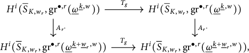 A commutative diagram with two rows and two columns showing H super i cohomology groups and maps labeled T sub g and A sub r.