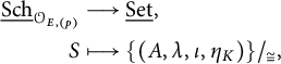 StartLayout 1st Row 1st Column ModifyingBelow upper S c h UnderbarSubscript upper O Sub Subscript upper E comma left parenthesis p right parenthesis 2nd Column long right arrow ModifyingBelow upper S e t Underbarcomma 2nd Row 1st Column s p a c e upper S 2nd Column long right arrow from bar left brace left parenthesis upper A comma lamda comma iota comma eta Subscript upper K Baseline right parenthesis right brace slash approximately equals Subscript comma Baseline EndLayout