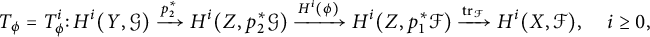 StartLayout 1st Row upper T Subscript phi Baseline equals upper T Subscript phi Superscript i Baseline colon upper H Superscript i Baseline left parenthesis upper Y comma script upper G right parenthesis backslash xrightarrow p 2 Superscript asterisk Baseline upper H Superscript i Baseline left parenthesis upper Z comma p 2 Superscript asterisk Baseline script upper G right parenthesis backslash xrightarrow upper H Superscript i Baseline left parenthesis phi right parenthesis upper H Superscript i Baseline left parenthesis upper Z comma p 1 Superscript asterisk Baseline script upper F right parenthesis backslash xrightarrow trace Subscript script upper F Baseline upper H Superscript i Baseline left parenthesis upper X comma script upper F right parenthesis comma i greater than or equals 0 comma EndLayout