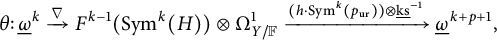 theta colon ModifyingBelow Omega UnderbarSuperscript k Baseline backslash xrightarrow nabla upper F Superscript k minus 1 Baseline left parenthesis upper S y m Superscript k Baseline left parenthesis upper H right parenthesis right parenthesis circled times upper Omega Subscript upper Y divided by double struck upper F Superscript 1 Baseline backslash xrightarrow left parenthesis h dot upper S y m Superscript k Baseline left parenthesis p Subscript u r Baseline right parenthesis right parenthesis circled times ModifyingBelow k s UnderbarSuperscript negative 1 Baseline ModifyingBelow Omega UnderbarSuperscript k plus p plus 1 Baseline comma