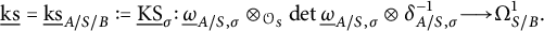 ModifyingBelow k s Underbarequals ModifyingBelow k s UnderbarSubscript upper A divided by upper S divided by upper B Baseline colon equals q ModifyingBelow upper K upper S UnderbarSubscript sigma Baseline colon ModifyingBelow Omega UnderbarSubscript upper A divided by upper S comma sigma Baseline circled times Subscript script upper O Sub Subscript upper S Subscript Baseline backslash det ModifyingBelow Omega UnderbarSubscript upper A divided by upper S comma sigma Baseline circled times delta Subscript upper A divided by upper S comma sigma Superscript negative 1 Baseline long right arrow upper Omega Subscript upper S divided by upper B Superscript 1 Baseline period