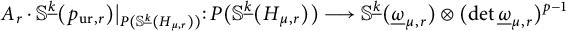 StartLayout 1st Row upper A Subscript r Baseline dot double struck upper S Superscript ModifyingBelow k UnderbarBaseline left parenthesis p Subscript u r comma r Baseline right parenthesis vertical bar Subscript upper P left parenthesis double struck upper S Sub Superscript ModifyingBelow k UnderbarSubscript left parenthesis upper H Sub Subscript mu comma r Subscript right parenthesis right parenthesis Baseline colon upper P left parenthesis double struck upper S Superscript ModifyingBelow k UnderbarBaseline left parenthesis upper H Subscript mu comma r Baseline right parenthesis right parenthesis long right arrow double struck upper S Superscript ModifyingBelow k UnderbarBaseline left parenthesis ModifyingBelow Omega UnderbarSubscript mu comma r Baseline right parenthesis circled times left parenthesis backslash det ModifyingBelow Omega UnderbarSubscript mu comma r Baseline right parenthesis Superscript p minus 1 EndLayout