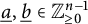 ModifyingBelow a Underbarcomma ModifyingBelow b Underbarelement of double struck upper Z Subscript greater than or equals 0 Superscript n minus 1