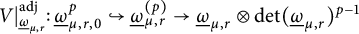 upper V vertical bar Subscript ModifyingBelow Omega UnderbarSub Subscript mu comma r Subscript Superscript a d j Baseline colon ModifyingBelow Omega UnderbarSubscript mu comma r comma 0 Superscript p Baseline right arrow with hook ModifyingBelow Omega UnderbarSubscript mu comma r Superscript left parenthesis p right parenthesis Baseline right arrow ModifyingBelow Omega UnderbarSubscript mu comma r Baseline circled times backslash det left parenthesis ModifyingBelow Omega UnderbarSubscript mu comma r Baseline right parenthesis Superscript p minus 1
