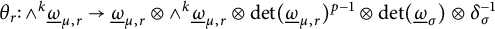 theta Subscript r Baseline colon and Superscript k Baseline ModifyingBelow Omega UnderbarSubscript mu comma r Baseline right arrow ModifyingBelow Omega UnderbarSubscript mu comma r Baseline circled times and Superscript k Baseline ModifyingBelow Omega UnderbarSubscript mu comma r Baseline circled times backslash det left parenthesis ModifyingBelow Omega UnderbarSubscript mu comma r Baseline right parenthesis Superscript p minus 1 Baseline circled times backslash det left parenthesis ModifyingBelow Omega UnderbarSubscript sigma Baseline right parenthesis circled times delta Subscript sigma Superscript negative 1