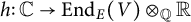 h colon double struck upper C right arrow backslash operatorname upper E n d Subscript upper E Baseline left parenthesis upper V right parenthesis circled times Subscript double struck upper Q Baseline double struck upper R