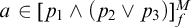 a element of p 1 and left parenthesis p 2 or p 3 right parenthesis Subscript f Superscript upper M