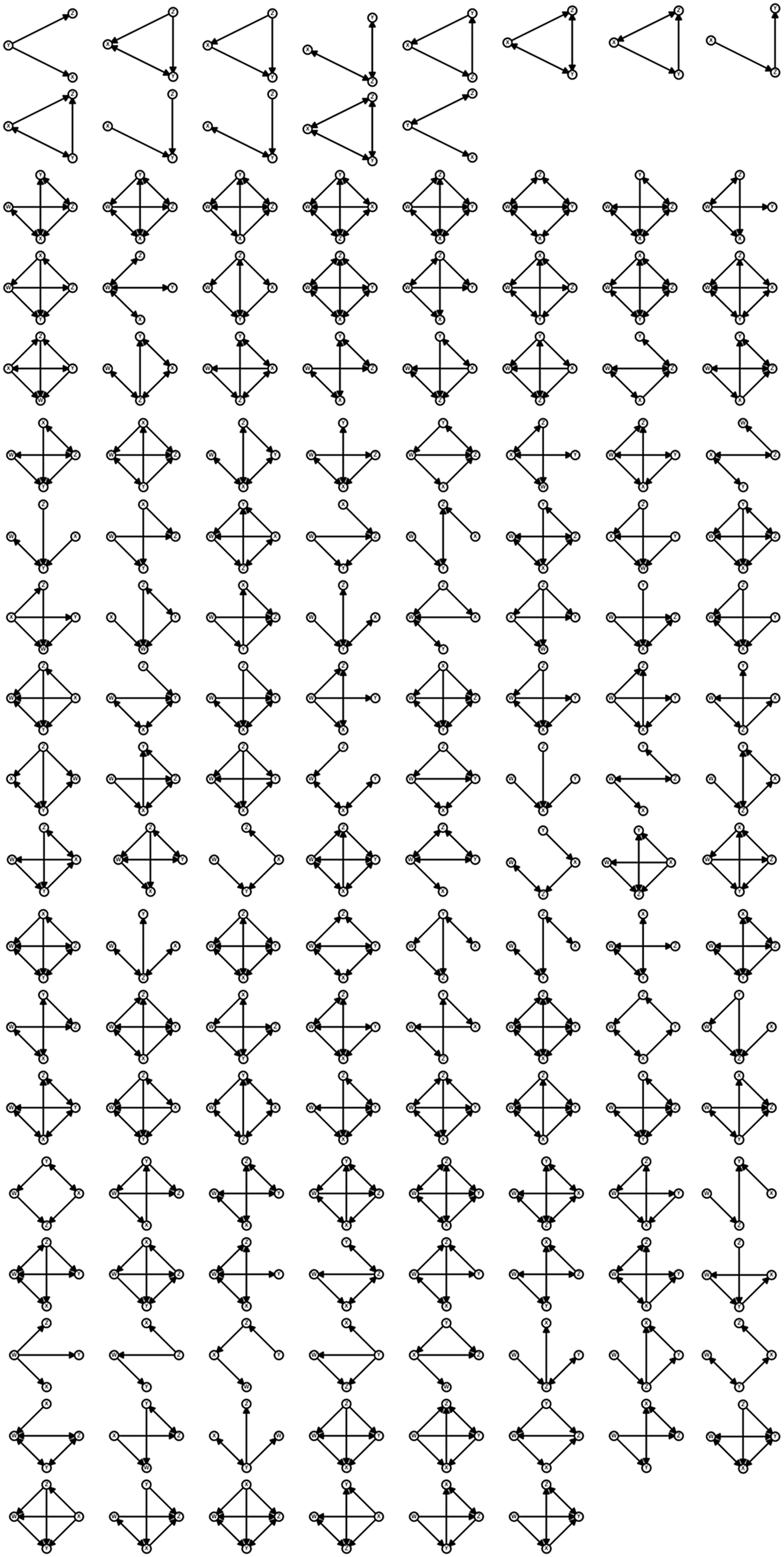 A grid diagram displaying all possible directed graph patterns for three-node and four-node subgraphs, each with distinct edge arrangements. See long description.