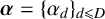 alpha equals left brace alpha Subscript d Baseline right brace Subscript d less than or slanted equals upper D