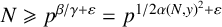 upper N greater than or slanted equals p Superscript beta divided by gamma plus epsilon Baseline equals p Superscript 1 divided by 2 alpha left parenthesis upper N comma y right parenthesis squared plus epsilon
