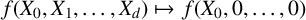 f left parenthesis upper X 0 comma upper X 1 comma midline horizontal ellipsis comma upper X Subscript d Baseline right parenthesis right arrow from bar f left parenthesis upper X 0 comma 0 comma midline horizontal ellipsis comma 0 right parenthesis
