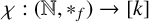 chi colon left parenthesis double struck upper N comma asterisk Subscript f Baseline right parenthesis right arrow k