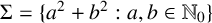 upper Sigma equals left brace a squared plus b squared colon a comma b element of upper N 0 right brace