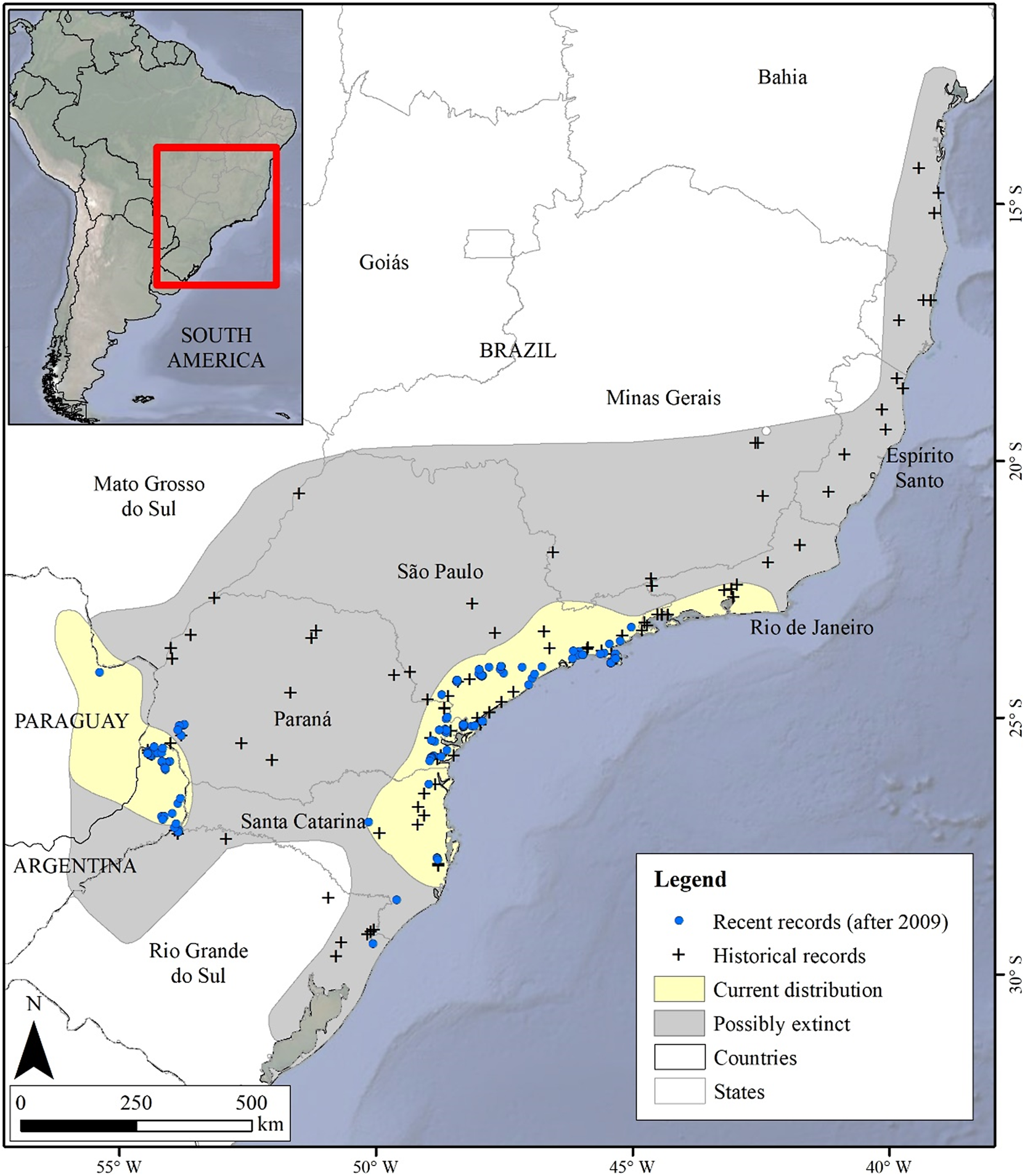 A regional map of southeastern Brazil and adjacent countries shows historical and recent records, current range, and possibly extinct areas for the Black-fronted Piping-Guan. See long description.