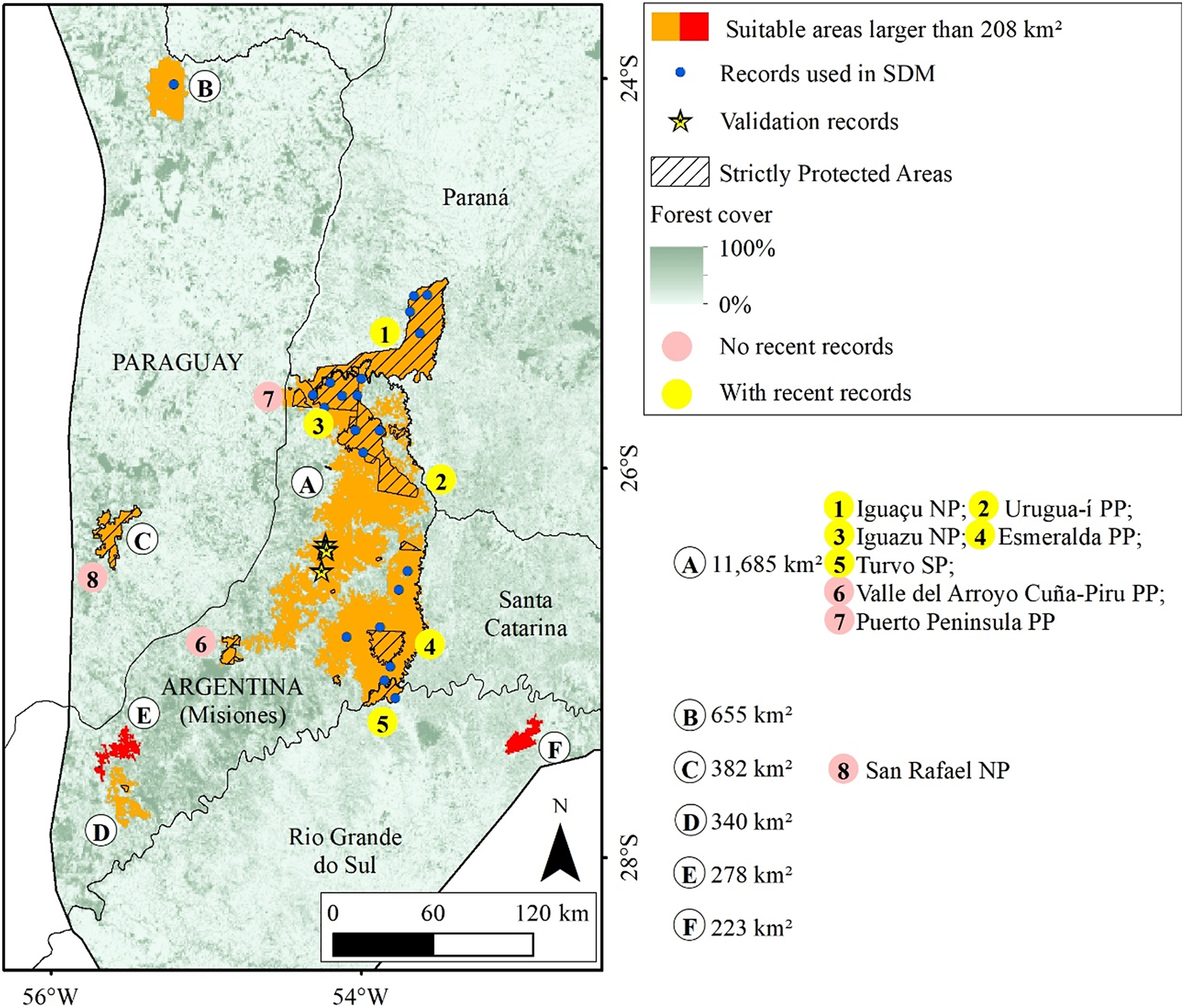 A regional map of Misiones and surroundings shows suitable areas for the Black-fronted Piping-Guan, protected areas, and recent records using color codes and labels. See long description.