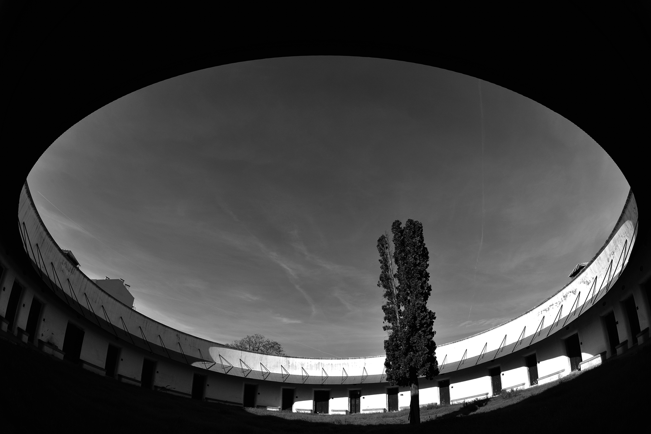 The panopticon at Miguel Bombarda hospital, a large circular structure with a central tower, viewed from below.