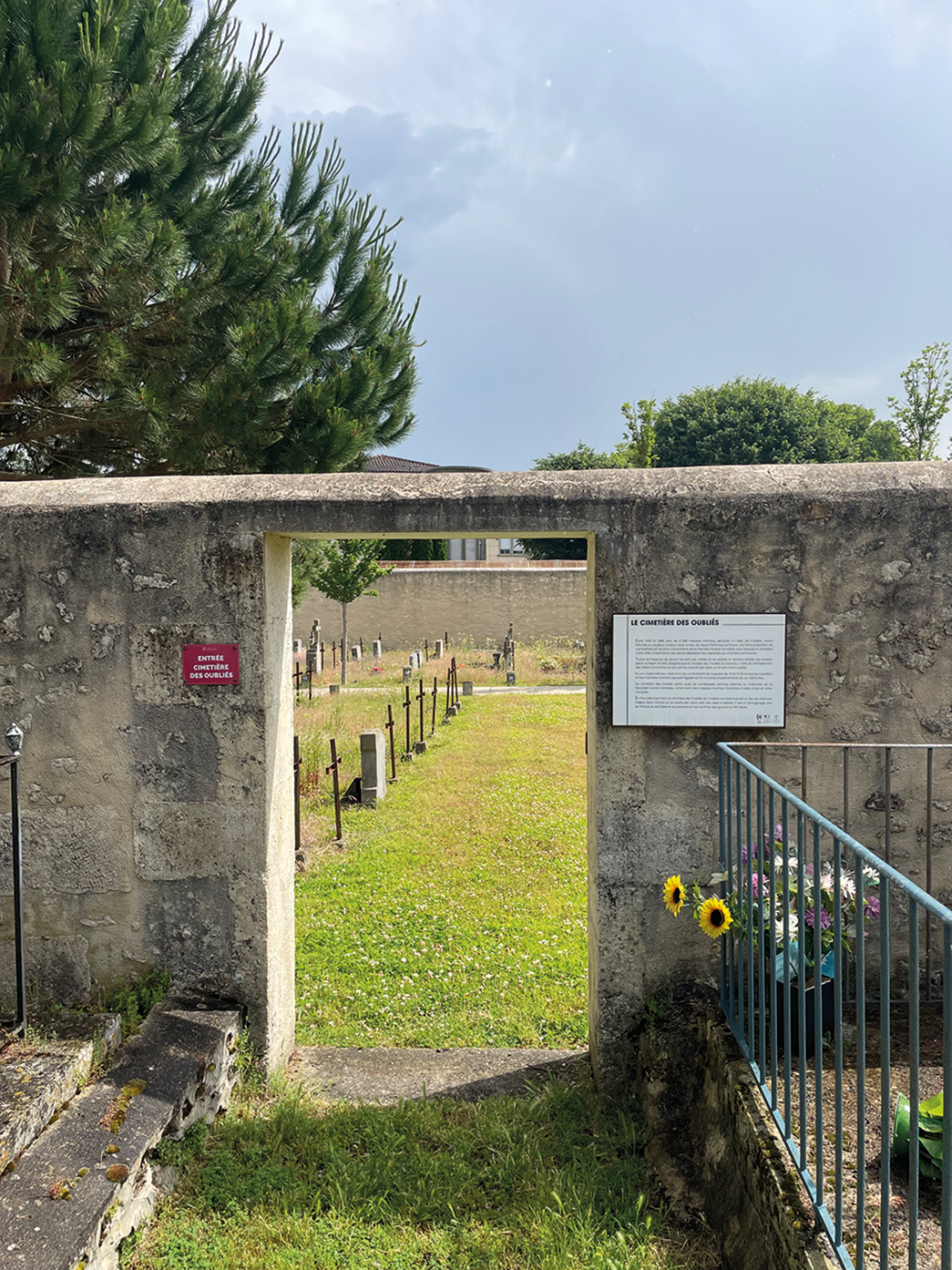 A concrete wall with an archway leading to a cemetery with rows of crosses, surrounded by grass and trees.