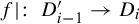 f vertical bar colon upper D Subscript i minus 1 Baseline prime right arrow upper D Subscript i Baseline