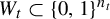 upper W Subscript t Baseline subset of left brace 0 comma 1 right brace Superscript n Super Subscript t