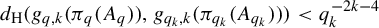 d Subscript normal upper H Baseline left parenthesis g Subscript q comma k Baseline left parenthesis pi Subscript q Baseline left parenthesis upper A Subscript q Baseline right parenthesis right parenthesis comma g Subscript q Sub Subscript k Subscript comma k Baseline left parenthesis pi Subscript q Sub Subscript k Subscript Baseline left parenthesis upper A Subscript q Sub Subscript k Subscript Baseline right parenthesis right parenthesis right parenthesis less than q Subscript k Superscript minus 2 k minus 4
