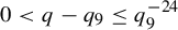 0 less than q minus q 9 less than or equals q 9 Superscript negative 24