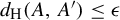d Subscript normal upper H Baseline left parenthesis upper A comma upper A prime right parenthesis less than or equals epsilon