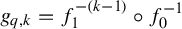 g Subscript q comma k Baseline equals f 1 Superscript minus left parenthesis k minus 1 right parenthesis Baseline ring f 0 Superscript negative 1