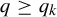 q greater than or equals q Subscript k