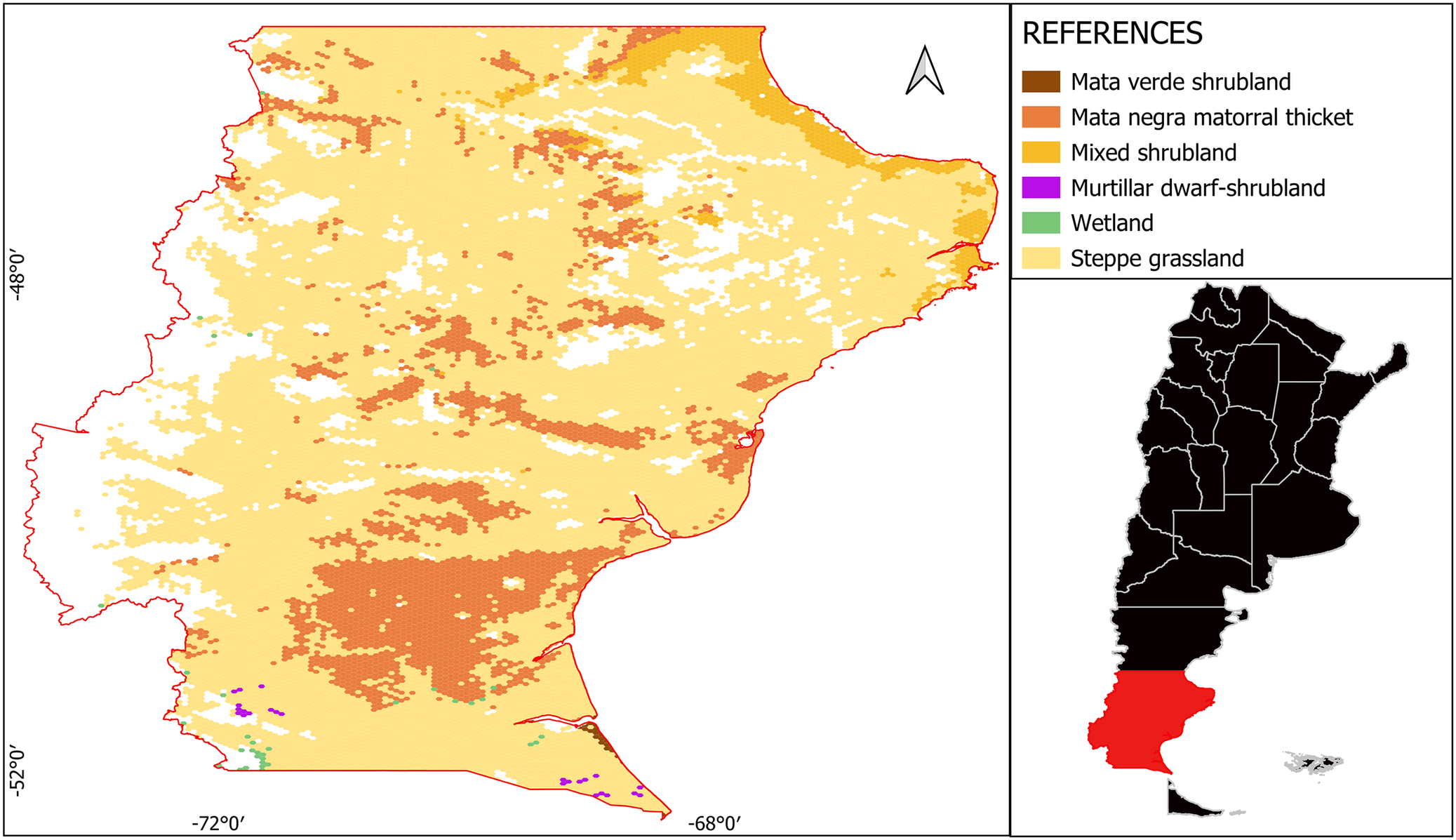 A color-coded map of Santa Cruz province showing spatial distribution of shrublands, grasslands, wetlands, and thickets, with an inset map highlighting its location in Argentina. See long description.