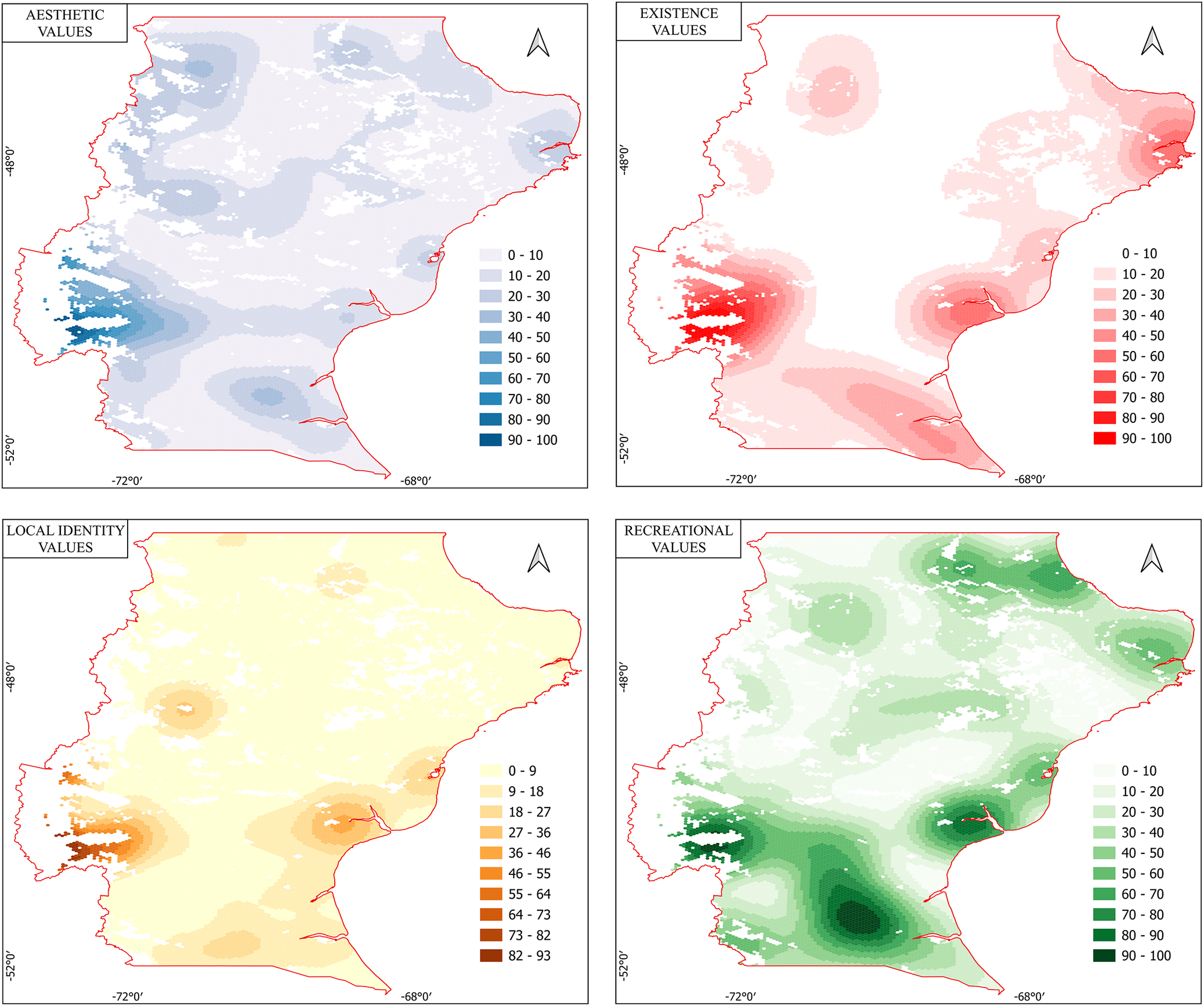 A four-panel map grid shows spatial variation in aesthetic, existence, local identity, and recreational values for grasslands and shrublands in Santa Cruz province. See long description.