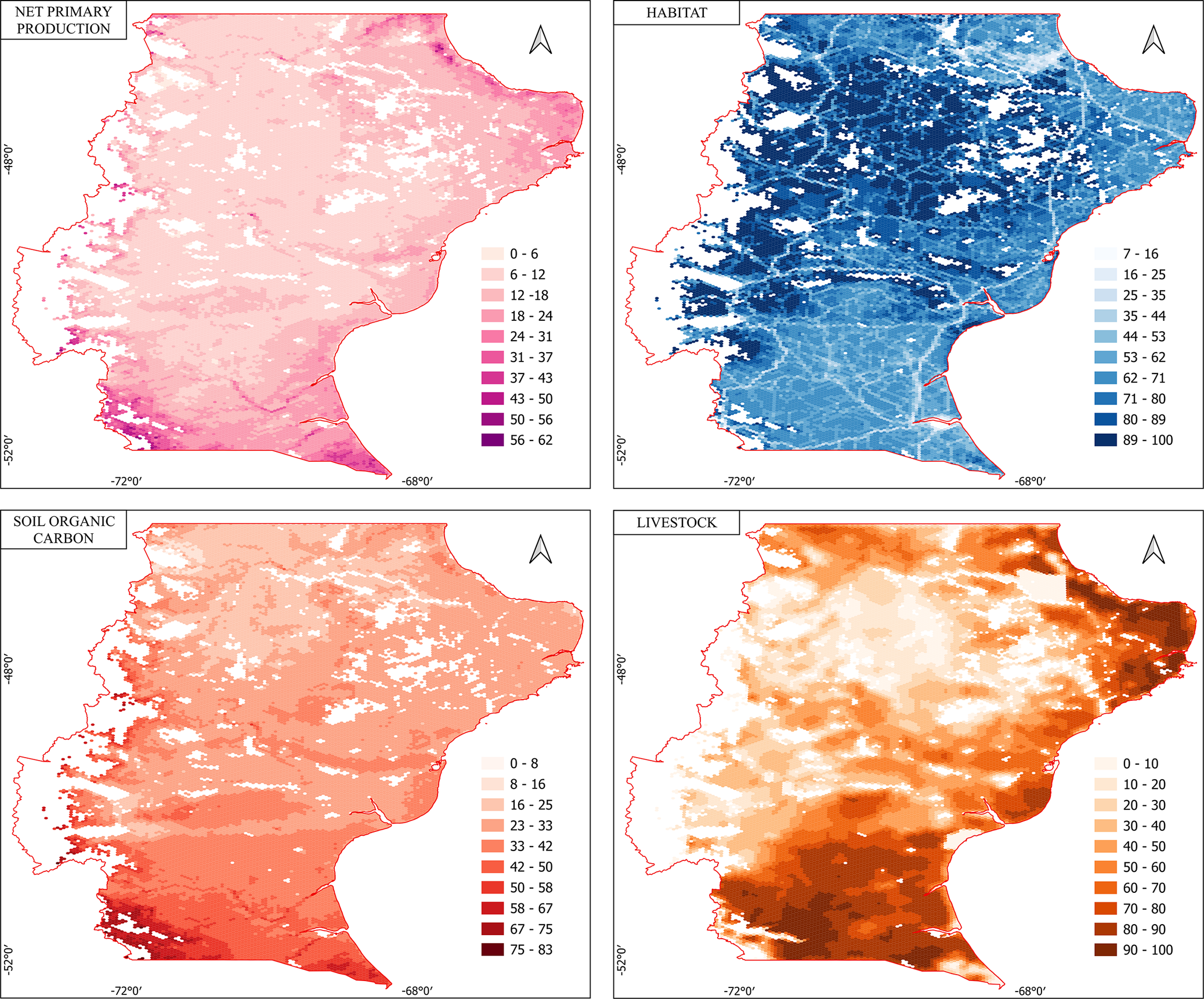 A four-panel map shows spatial patterns of net primary production, habitat, soil organic carbon, and livestock provision in Santa Cruz province using color gradients. See long description.