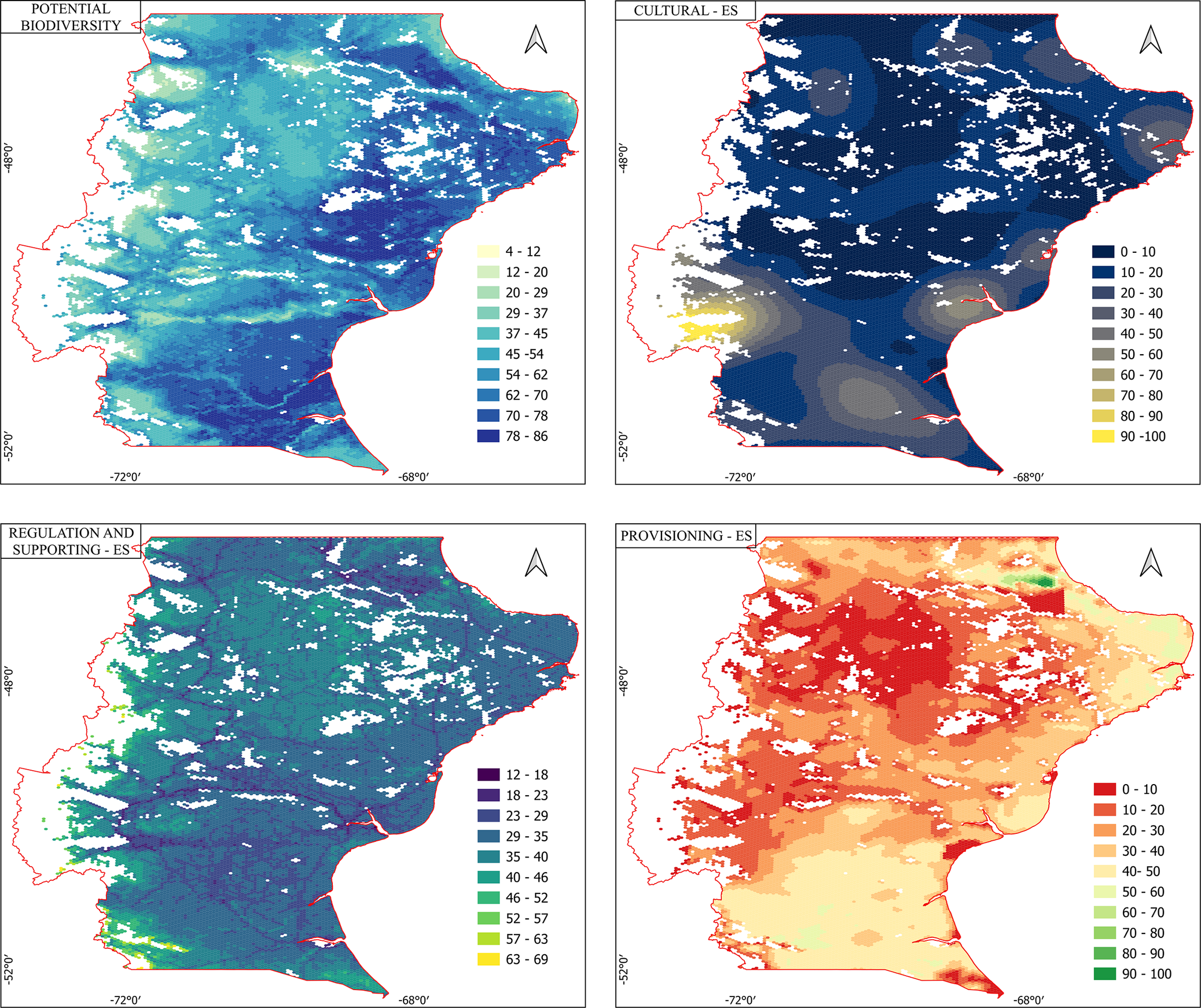 A four-panel map grid shows spatial variation in biodiversity, cultural, regulating/supporting, and provisioning ecosystem services in Santa Cruz province using color gradients. See long description.