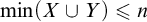 min Underscript upper X Endscripts union upper Y right parenthesis less than or slanted equals n