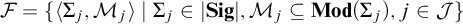 script upper F equals StartSet left angle bracket upper Sigma Subscript j Baseline comma upper M Subscript j Baseline right angle bracket vertical bar upper Sigma Subscript j Baseline element of StartAbsoluteValue upper S i g EndAbsoluteValue comma upper M Subscript j Baseline subset of or equal to upper M o d left parenthesis upper Sigma Subscript j Baseline right parenthesis comma j element of script upper J EndSet