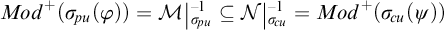 Mod plus of open parenthesis sigma p u of phi close parenthesis equals script M inverse sigma p u is a subset of script N inverse sigma c u equals Mod plus of open parenthesis sigma c u of psi close parenthesis.