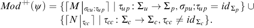 Mod plus plus of open parenthesis psi close parenthesis equals open curly bracket open bracket M sub alpha u semicolon u p close bracket vertical bar tau u p colon Sigma u maps to Sigma p comma sigma p u colon tau u p equals i d sub Sigma p close...