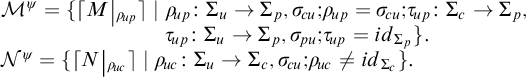 Calligraphic M superscript Psi equals the set of M given rho sub u p such that rho sub u p maps Sigma sub u to Sigma sub p, sigma sub c u composed with rho sub u p equals sigma sub c u, tau sub u p maps Sigma sub c to Sigma sub p, tau sub u p comp...