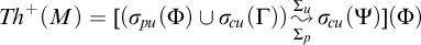 upper T h Superscript plus Baseline left parenthesis upper M right parenthesis equals left parenthesis sigma Subscript backslash exclamation mark pu Baseline left parenthesis upper Phi right parenthesis union sigma Subscript backslash exclamation mark cu Baseline left parenthesis upper Gamma right parenthesis right parenthesis backslash stackrel upper Sigma Subscript p Baseline right bracket upper Sigma Subscript u Baseline wave arrow pointing directly right sigma Subscript backslash exclamation mark cu Baseline left parenthesis upper Psi right parenthesis left parenthesis upper Phi right parenthesis