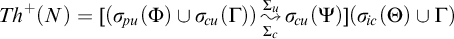 upper T h Superscript plus Baseline left parenthesis upper N right parenthesis equals left parenthesis sigma Subscript backslash exclamation mark pu Baseline left parenthesis upper Phi right parenthesis union sigma Subscript backslash exclamation mark cu Baseline left parenthesis upper Gamma right parenthesis right parenthesis backslash stackrel upper Sigma Subscript c Baseline right bracket upper Sigma Subscript u Baseline wave arrow pointing directly right sigma Subscript backslash exclamation mark cu Baseline left parenthesis upper Psi right parenthesis left parenthesis sigma Subscript backslash exclamation mark ic Baseline left parenthesis upper Theta right parenthesis union upper Gamma right parenthesis