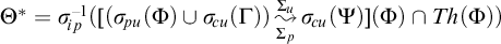 upper Theta Superscript asterisk Baseline equals sigma Subscript backslash exclamation mark ip Superscript negative 1 Baseline left parenthesis left parenthesis sigma Subscript backslash exclamation mark pu Baseline left parenthesis upper Phi right parenthesis union sigma Subscript backslash exclamation mark cu Baseline left parenthesis upper Gamma right parenthesis right parenthesis backslash stackrel upper Sigma Subscript p Baseline right bracket upper Sigma Subscript u Baseline wave arrow pointing directly right sigma Subscript backslash exclamation mark cu Baseline left parenthesis upper Psi right parenthesis left parenthesis upper Phi right parenthesis intersection upper T h left parenthesis upper Phi right parenthesis right parenthesis