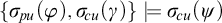 StartSet sigma Subscript backslash exclamation mark pu Baseline left parenthesis phi right parenthesis comma sigma Subscript backslash exclamation mark cu Baseline left parenthesis gamma right parenthesis EndSet models sigma Subscript backslash exclamation mark cu Baseline left parenthesis psi right parenthesis