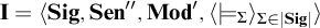 bold upper I equals left angle bracket upper S i g comma upper S e n quotation mark comma upper M o d prime comma left angle bracket models Subscript upper Sigma Baseline right angle bracket Subscript upper Sigma element of StartAbsoluteValue upper S i g EndAbsoluteValue Baseline right angle bracket