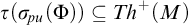 tau left parenthesis sigma Subscript backslash exclamation mark pu Baseline left parenthesis upper Phi right parenthesis right parenthesis subset of or equal to upper T h Superscript plus Baseline left parenthesis upper M right parenthesis