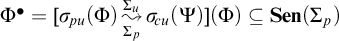 upper Phi Superscript bullet Baseline equals sigma Subscript backslash exclamation mark pu Baseline left parenthesis upper Phi right parenthesis backslash stackrel upper Sigma Subscript p Baseline right bracket upper Sigma Subscript u Baseline wave arrow pointing directly right sigma Subscript backslash exclamation mark cu Baseline left parenthesis upper Psi right parenthesis left parenthesis upper Phi right parenthesis subset of or equal to upper S e n left parenthesis upper Sigma Subscript p Baseline right parenthesis