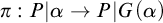 pi colon upper P StartAbsoluteValue alpha right arrow upper P EndAbsoluteValue upper G left parenthesis alpha right parenthesis