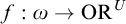 f colon omega right arrow upper O upper R Superscript upper U