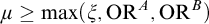 mu greater than or equals max Underscript xi Endscripts comma upper O upper R Superscript upper A Baseline comma upper O upper R Superscript upper B Baseline right parenthesis