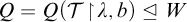 upper Q equals upper Q left parenthesis script upper T backslash exclamation mark up harpoon with barb right backslash exclamation mark lamda comma b right parenthesis normal subgroup of or equal to upper W